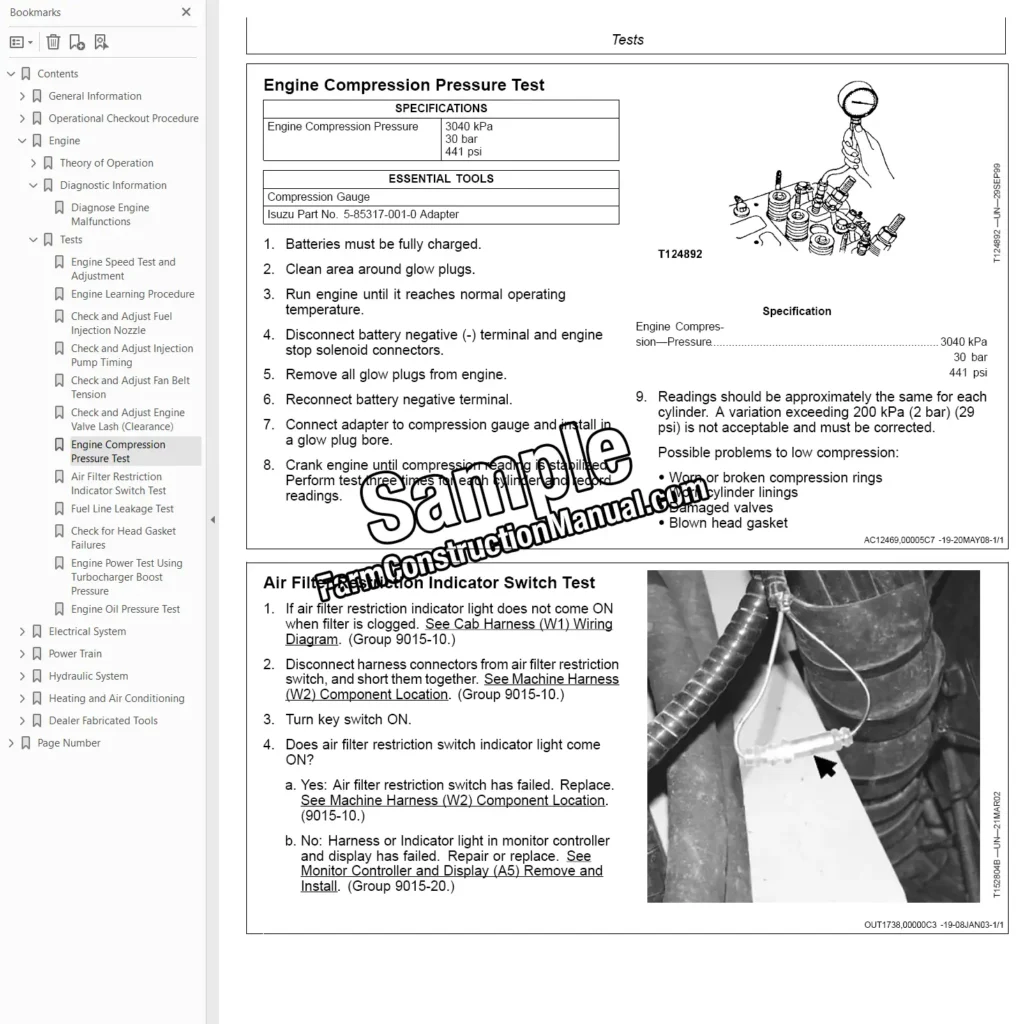 John Deere 225CLC troubleshooting sample page